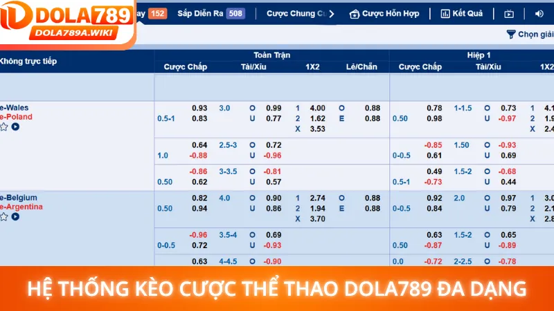 Hệ thống kèo cược thể thao Dola789 đa dạng